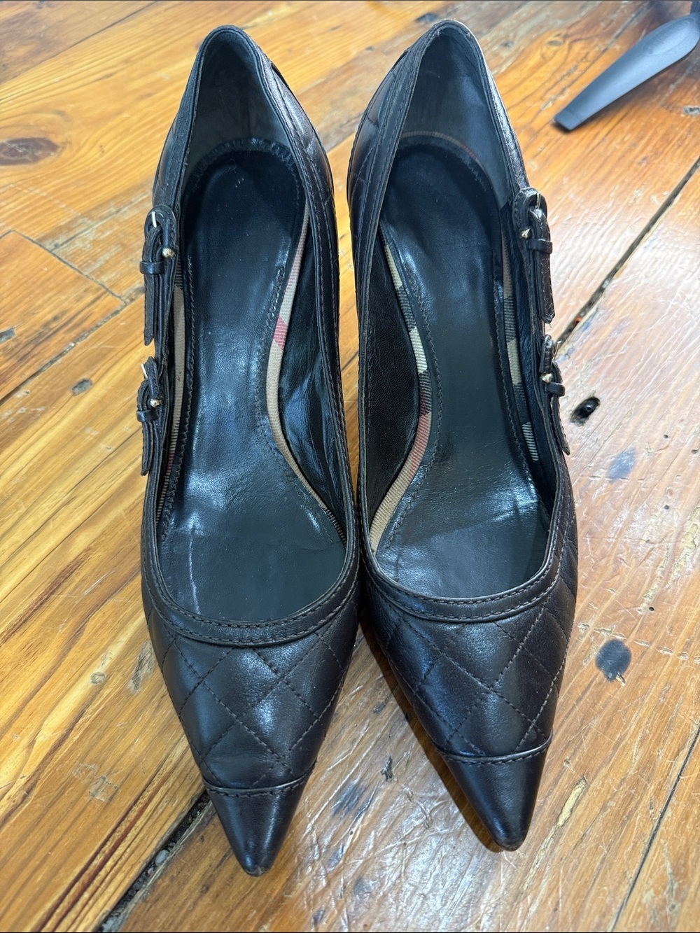 Burberry Dark Brown Quilted Pointed-Toe Heels with Buckle Detail Size 40 1/2